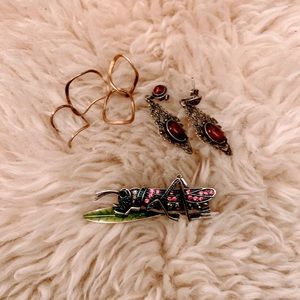 Antiqued look earrings (two pairs) and pin